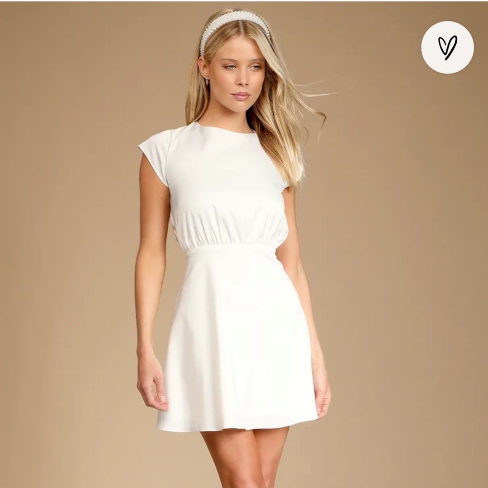 Lulu’s Looking for Love Ivory Short Sleeve Backless Skater Mini Dress